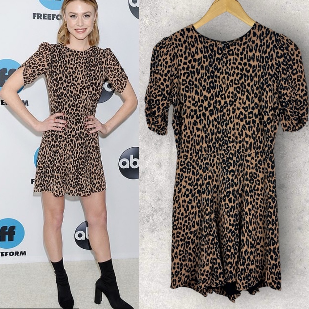 Reformation Leopard Print Gracie Dress Size 12 Ruched Short Sleeves Boho Mini - Picture 16 of 16